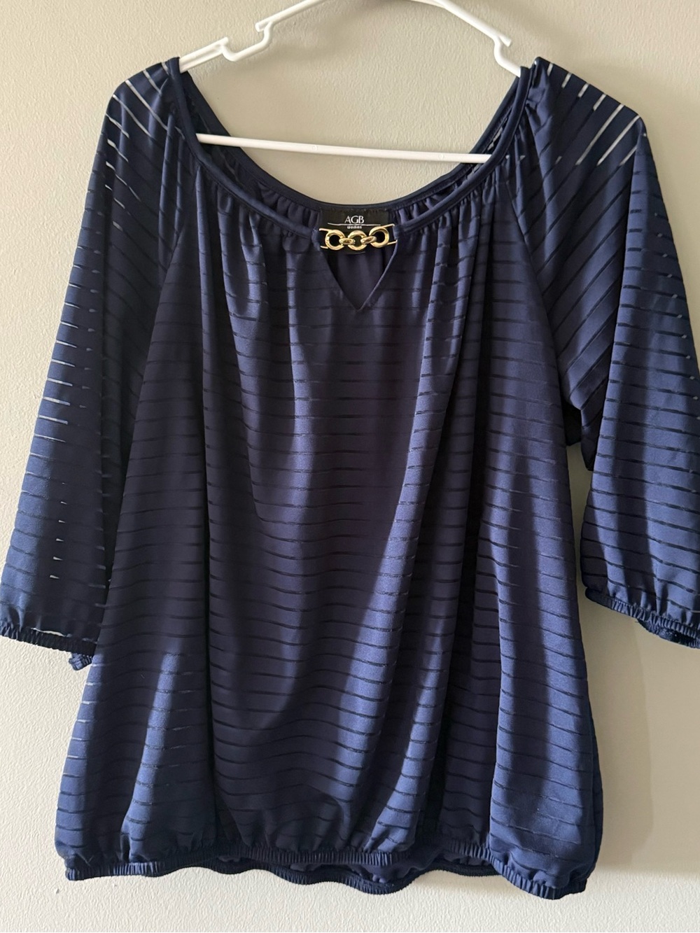 AGB Navy Sheer-Stripe Blouse with Gold Chain Accent